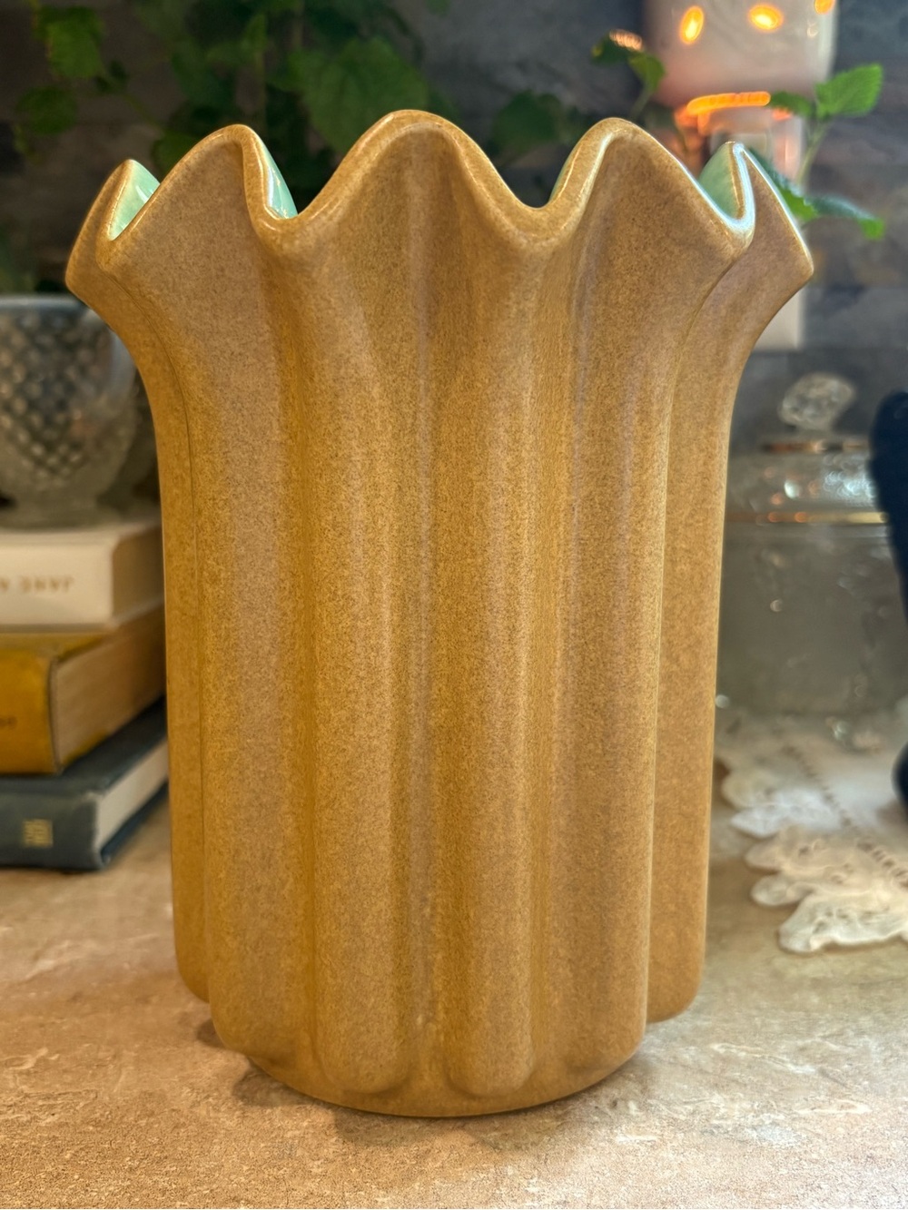 Vintage Red Wing Pottery #1169 Vase Ruffled Fluted Tan Green USA 7” MCM